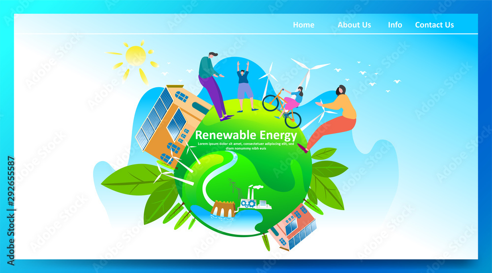 Obraz premium Green renewable energy with people or family parent kid. Boy girl are happy life on earth globe with clean energy from solar panels and wind generators, walking, playing, cycling in city. - Vector