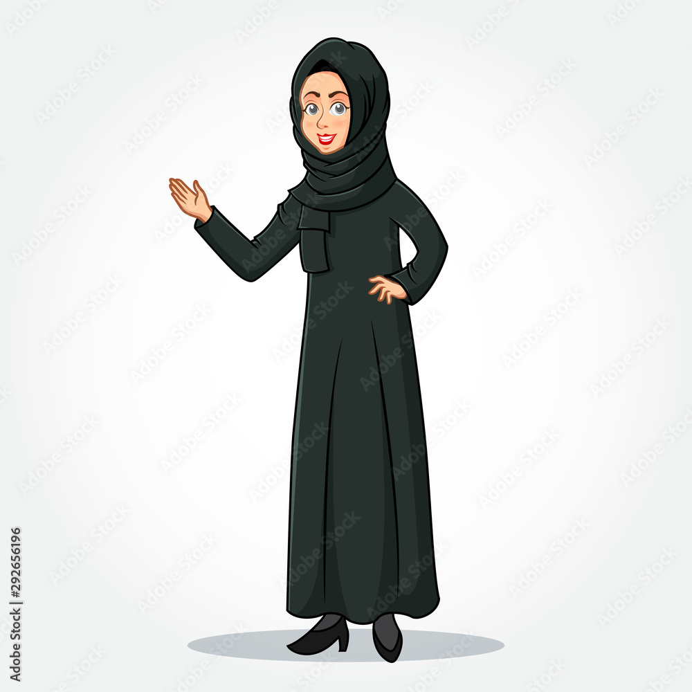 Arabic Businesswoman cartoon Character in traditional clothes with   Welcoming Hands isolated on white background