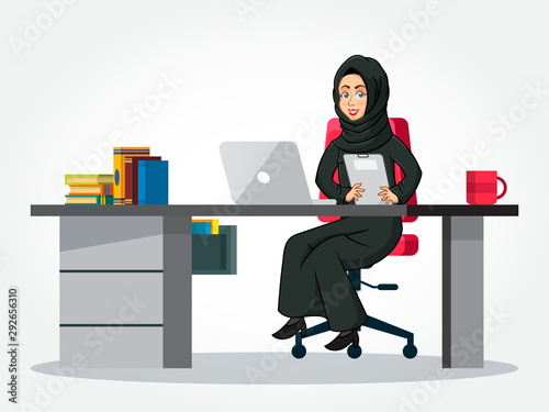 Arabic Businesswoman cartoon Character in traditional clothes sitting at her desk, holding a clipboard isolated on white background