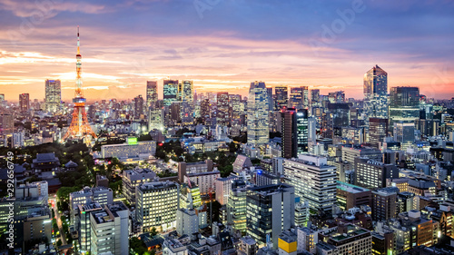 Cityscape of Tokyo skyline, panorama aerial skyscrapers view of office building and downtown in Tokyo in the evening. Japan, Asia. © tanarch