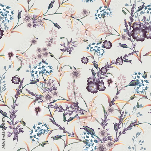 Beautiful soft vector vintage pattern in classic style with purple flowers