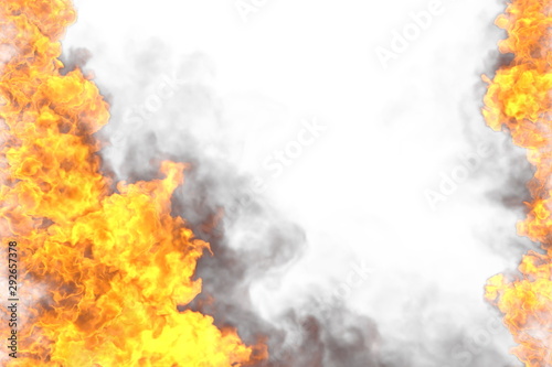 Fire 3D illustration of fiery fantasy explosion frame isolated on white background - top and bottom are empty, fire lines from sides left and right