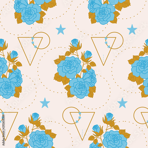 Blue rose composition and geometric elements in a seamless pattern design