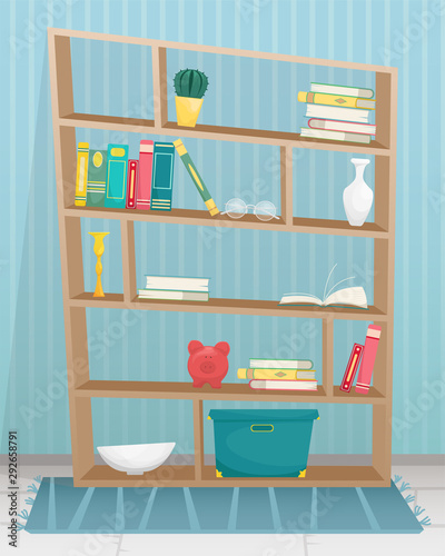 Bookcase with books, candles, vases and other accessories. Flat vector illustration.