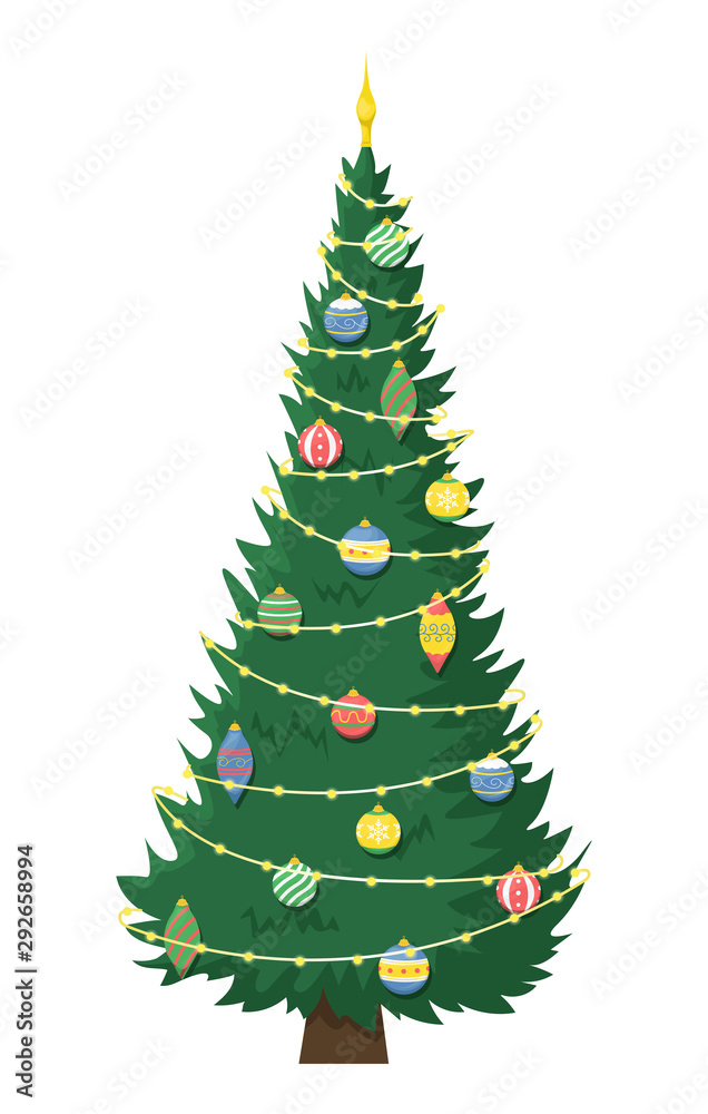 Tall beautiful Christmas tree with garland and Christmas tree toys. Christmas flat vector illustration.