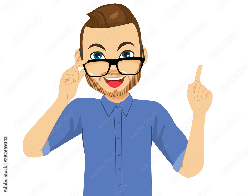 Young happy man pointing with finger up indicating something and holding glasses