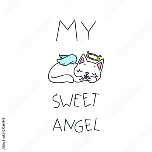 My sweet angel. Kawaii illustration of a sleeping angel cat. Vector 8 EPS.