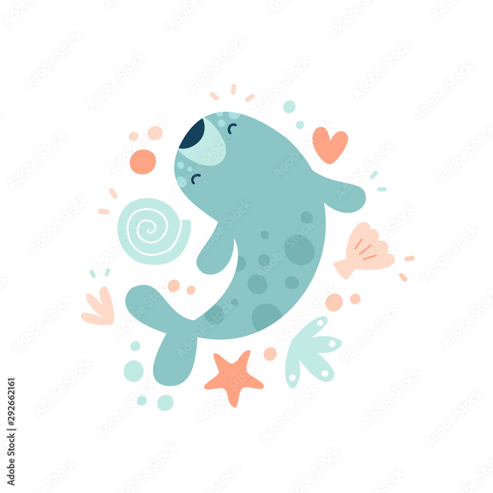 Funny, cute fur seal. Vector cartoon illustration for kids game, book, t-shirt, textile, patches, pins, badges, stickers, cards. White background isolated Funny, cute fur seal. Vector cartoon illustration for kids game, book, t-shirt, textile, patches, pins, badges, stickers, cards. White background isolated