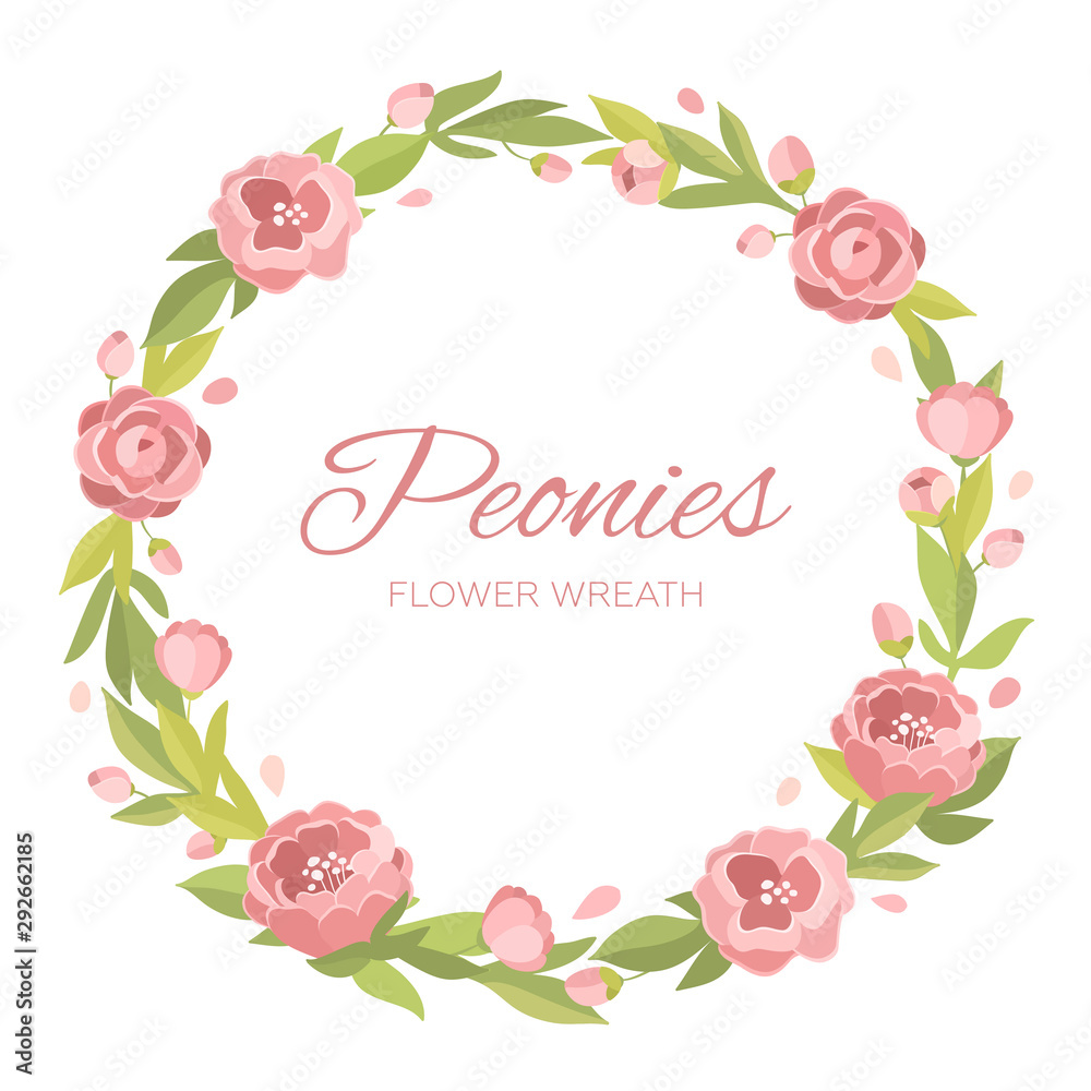 Flower wreath of peonies. Trendy graphic for holidays and weddings cards. Vector cute illustration. Isolated white background. Round frame of pink flowers. Place for your text
