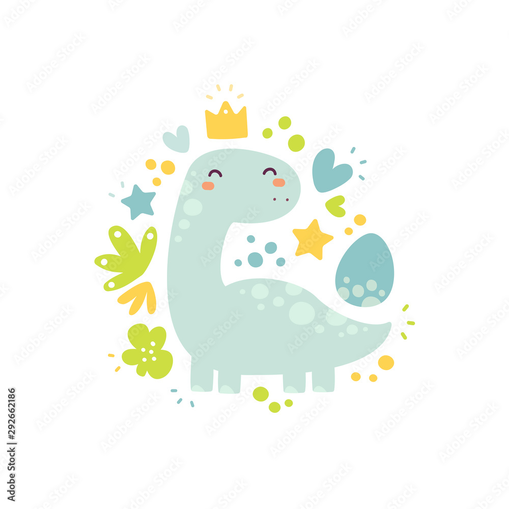 Fototapeta premium Funny, cute dinosaur. Vector cartoon illustration for kids game, book, t-shirt, textile, patches, pins, badges, stickers, cards. Isolated, flat design. Drawing for child. Magic creature