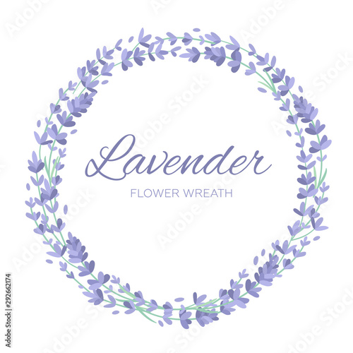 A flower wreath made of lavender. Vector cute illustration. Isolated white background. Round frame of lilac flowers. Place for your text