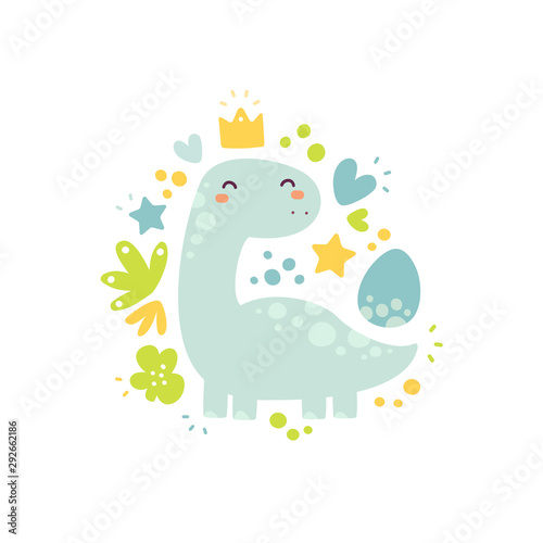 Funny, cute dinosaur. Vector cartoon illustration for kids game, book, t-shirt, textile, patches, pins, badges, stickers, cards. Isolated, flat design. Drawing for child. Magic creature © Marina