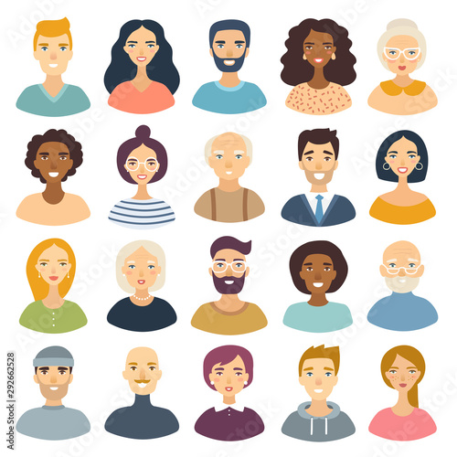 Super set of cartoon characters. Cool avatars icons. Flat design. Positive male and female people different ages and nationalities. Funny bright vector illustrations.Isolated on white. Funny emoji 