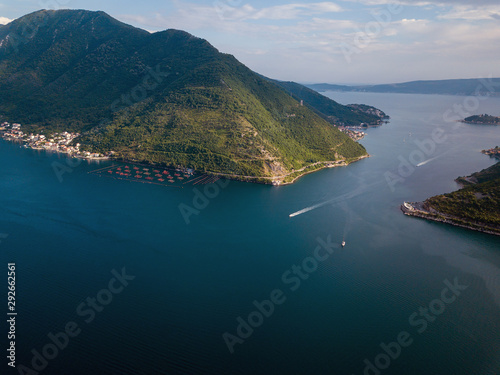 Aerial photo of a blue sea in Kotor bay Montenegro