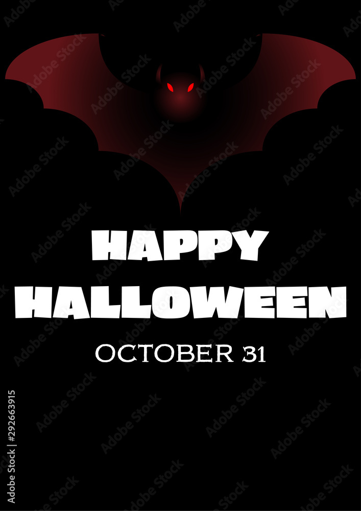 Happy Halloween text banner with bat, Holiday calligraphy poster, greeting card, party invitation, Vector illustration.