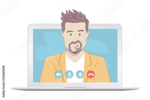 Video chatting online on laptop. Isolated on a white background
