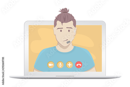Video chatting online on laptop. Isolated on a white background