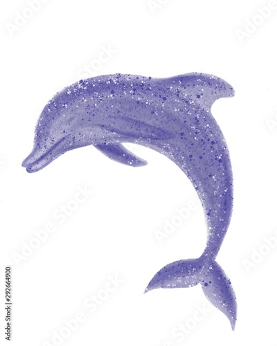 Digital painting deep blue, violet dolphin. Isolated illustration on white background. Stock illustration. photo