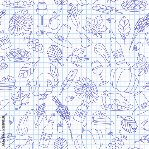 Seamless pattern for holiday Thanksgiving day, a simple hand-drawn blue  contour  icons on the clean writing-book sheet in a cage