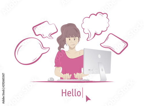 Woman sitting at table with computer. Isolated on a white background