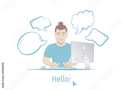 Boy sitting at table with computer. Isolated on a white background