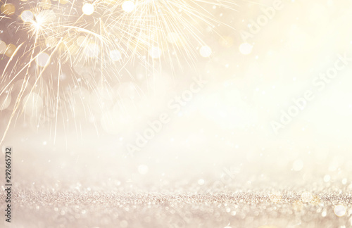 New Year Abstract background holiday  Gold and silver Fireworks and bokeh  copy space.