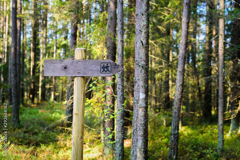 Wooden hiking trail sign in Estonian forest at sunny autumn day Wooden hiking trail sign in Estonian forest at sunny autumn day