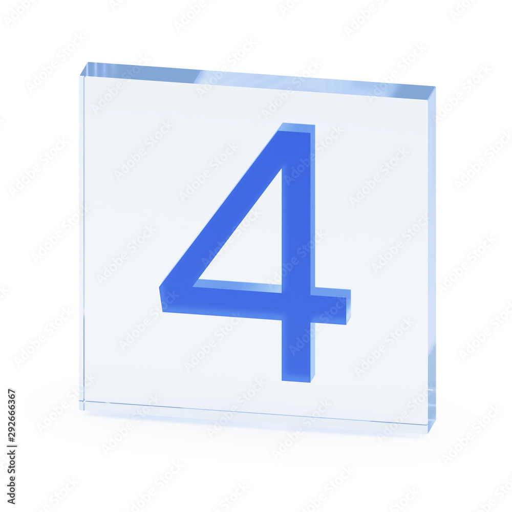 Obraz premium Clear transparent glass or plexiglass display with mathematical digit 4 or Four inside on white background, 3D rendered image