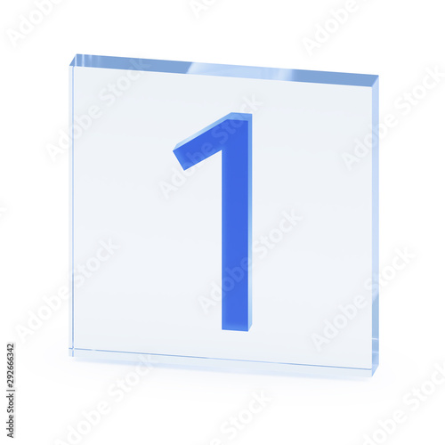 Clear transparent glass or plexiglass display with mathematical digit 1 or One inside on white background, 3D rendered image