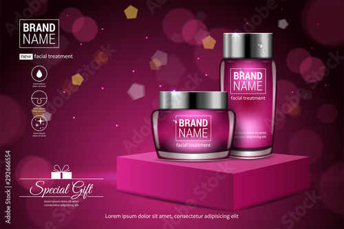 Facial treatment cream glass jars set realistic vector illustration isolated on pink background.