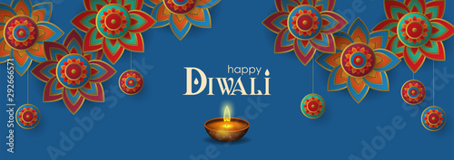 Diwali Hindu festival banner design with paper art rangoli and diya oil lamp.
