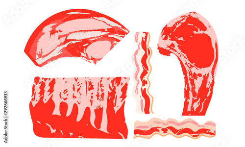 Set of fresh meat products. Vector illustration. Entrecote, ribs, bacon.