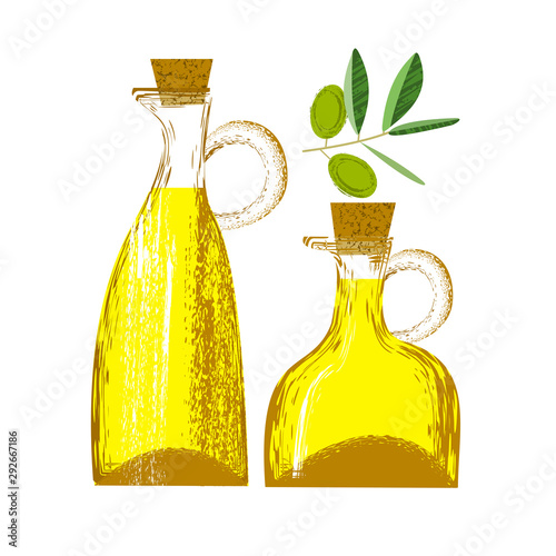 Two bottles of olive oil. Vector illustration. texture. Olive sprig.