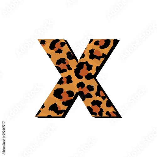Vector capital letter X with wild leopard skin print isolated on white background. Letters of Alphabet of African wild animal realistic skin. 3 d alphabet for logo, print, posters, invitation, banner.
