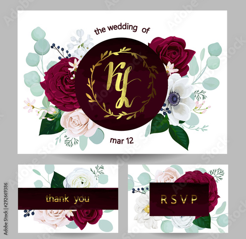Wedding floral invitation with burgundy and blush roses,white anemone,branches of eucalyptus