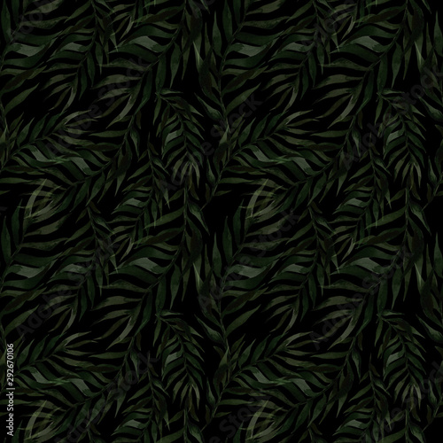 Exotic tropical watercolor background with hawaiian plant.Seamless green tropical pattern with palm leaves.Exotic botanical vintage palm trees, jungle wallpaper on a black bakground