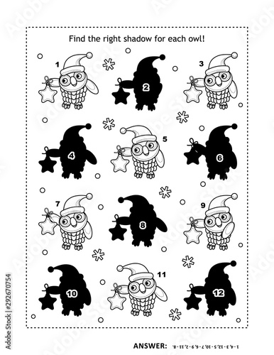 Shadow game with christmas owls holding star ornament: Can you find the shadow for each picture? Answer included.