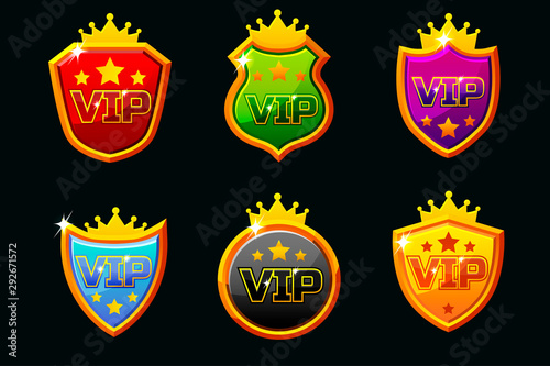 Vector Shields with VIP Logo. Awards achievement Icons design. Isolated elements for logo, label, game an app design.
