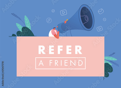 Refer a friend vector illustration Concept, Man with Megaphone. Referral marketing loyalty program, promotion method for landing page, template, ui, web, mobile app, poster, banner, flyer