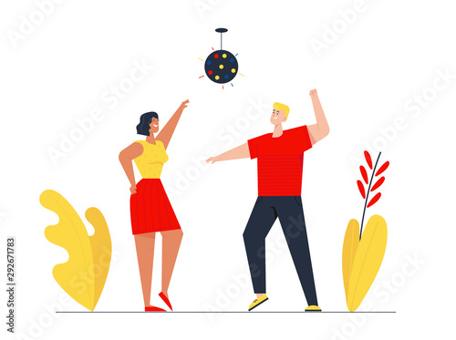 Couple of Young Girl and Man Visiting Night Club Dancing and Jumping with Hands Up under Stroboscope Lighting. Friends Having Fun Leisure, People Nightlife Clubbing Cartoon Flat Vector Illustration