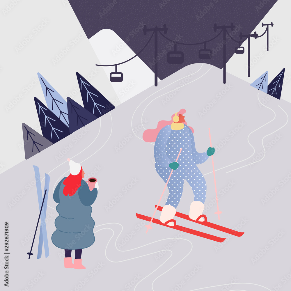 Fototapeta premium Woman Skiing in the mountains. People character with skis on the snow landscape background. Winter outdoors leisure in resort, extreme sport. Vector illustration .