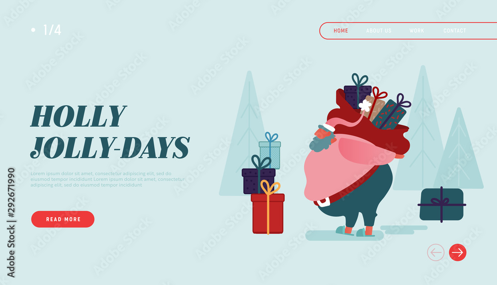 Winter Holidays Landing Page Template. Merry Christmas and Happy New Year Website Layout with Santa Claus Characters carring presents, holding gifts. Vector illustration - obrazy, fototapety, plakaty 