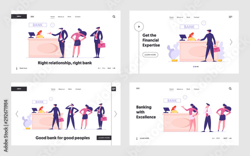 Customers at Bank Waiting Appointment Website Landing Page Set. Clients Stand in Queue. Bank Worker Sitting at Desk Providing Services to Customers Web Page Banner. Cartoon Flat Vector Illustration