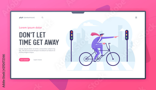 City Life Website Landing Page. Businessman in Formal Wear Riding Bicycle Pointing with Finger Ahead Crossing Road by Crosswalk on Cityscape Background Web Page Banner Cartoon Flat Vector Illustration
