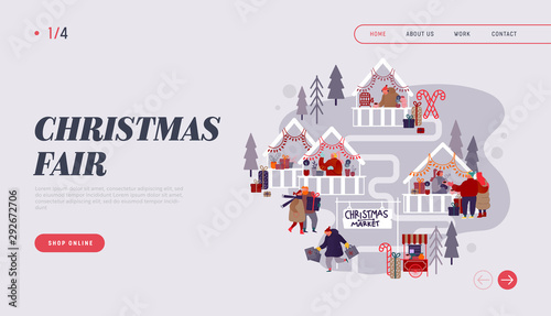 Christmas Market Internet advertisement. Landing page with People characters doing Online shopping on Xmas fair, buying festive gifts for New Year Party Website. Cartoon Flat Vector Illustration