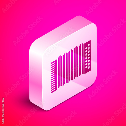 Isometric Musical instrument accordion icon isolated on pink background. Classical bayan, harmonic. Silver square button. Vector Illustration