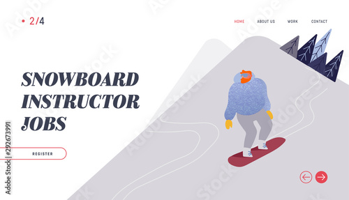 People Snowboarding Website Landing Page. Snowboard Man Rider Character Having Fun and Winter Mountain Sports Activity. Ski Resort Sport Spare Time Web Page Banner. Vector Illustration