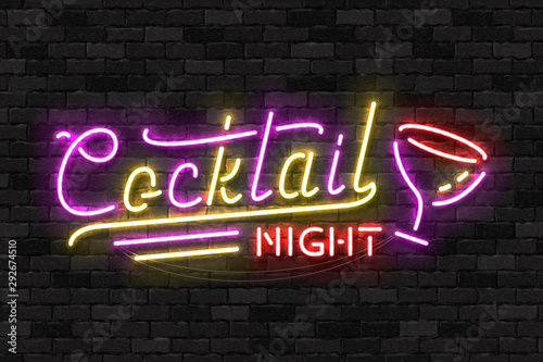 Vector realistic isolated neon sign of Cocktail Night logo for template decoration and covering on the wall background. Concept of free drinks, happy hour and night club.