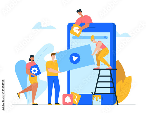 Designers Develop Application for Mobile Phone. Business People Creative Team Putting App Icons on Huge Smartphone Screen. Busy Working Process Cooperation, Teamwork. Cartoon Flat Vector Illustration
