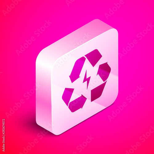 Isometric Battery with recycle symbol line icon isolated on pink background. Battery with recycling symbol - renewable energy concept. Silver square button. Vector Illustration